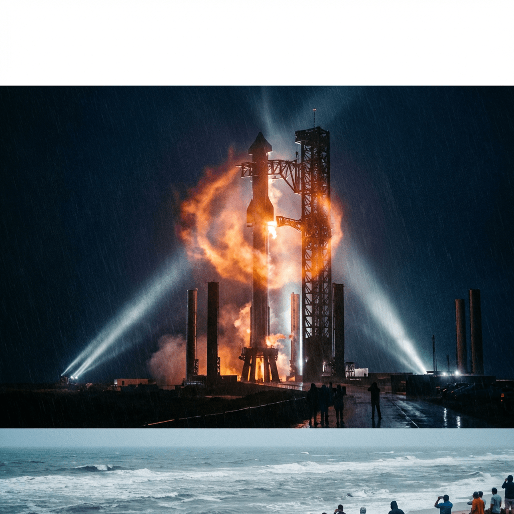 Rocket on a launchpad at night with a fire ring and people watching from a beach.